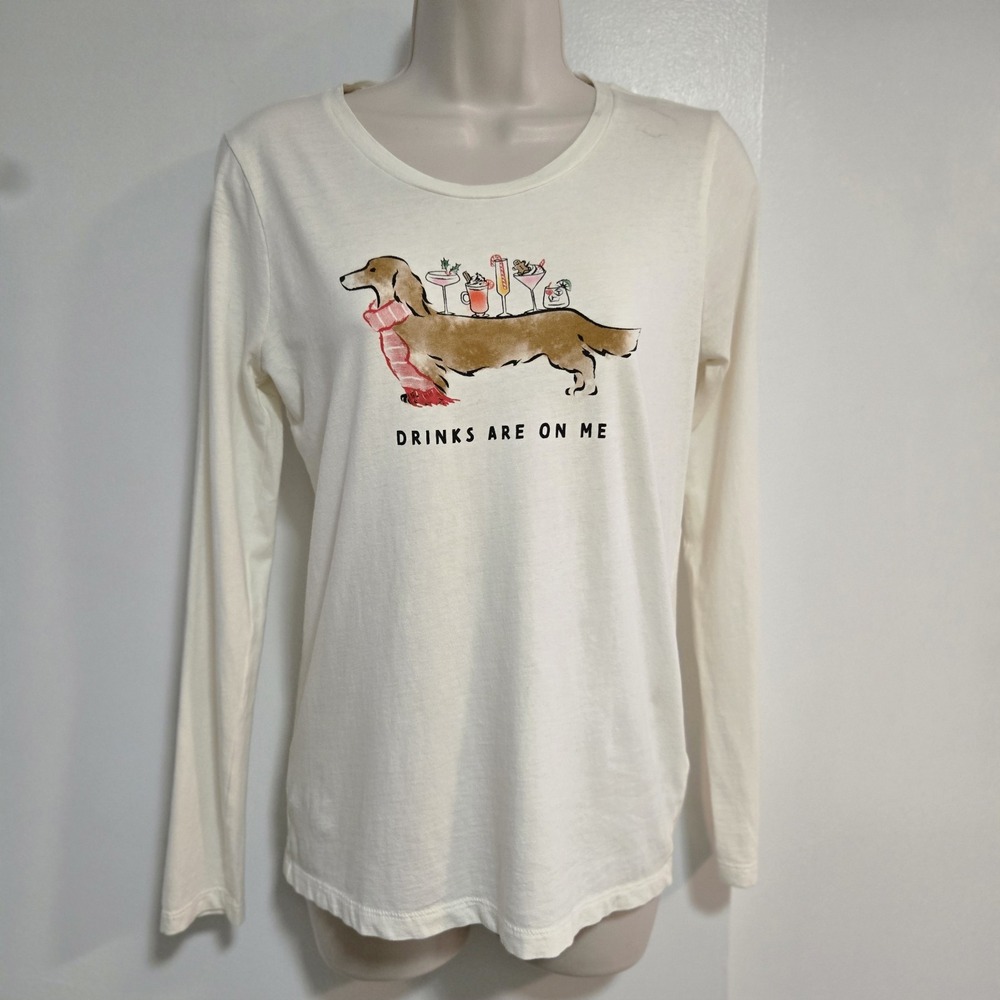 J.Crew Collector Tee Long Sleeve Ivory Dachshund Drinks Are On Me XS